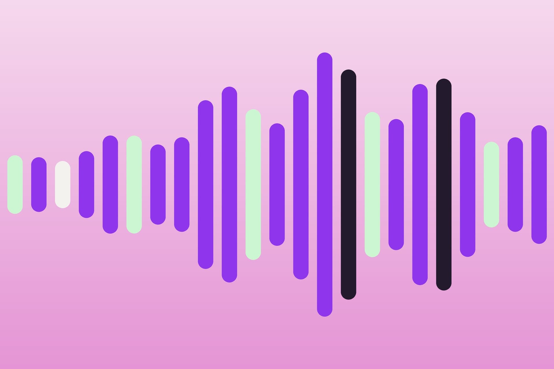 A sound wave in purple, mint and deep plum bars on a pink background
